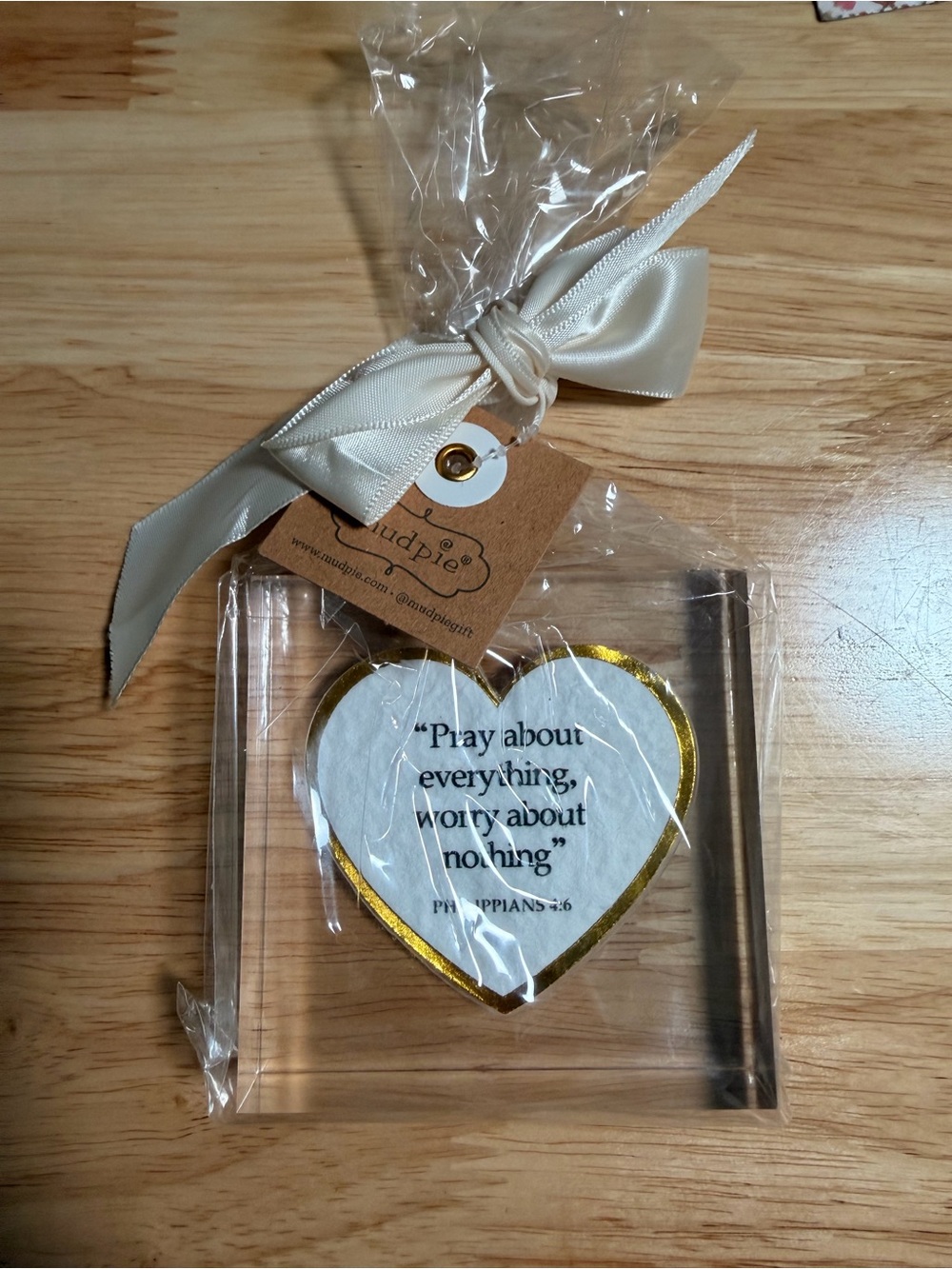 Mud Pie Ivory Ribbon Heart Keepsake with Gold Trim